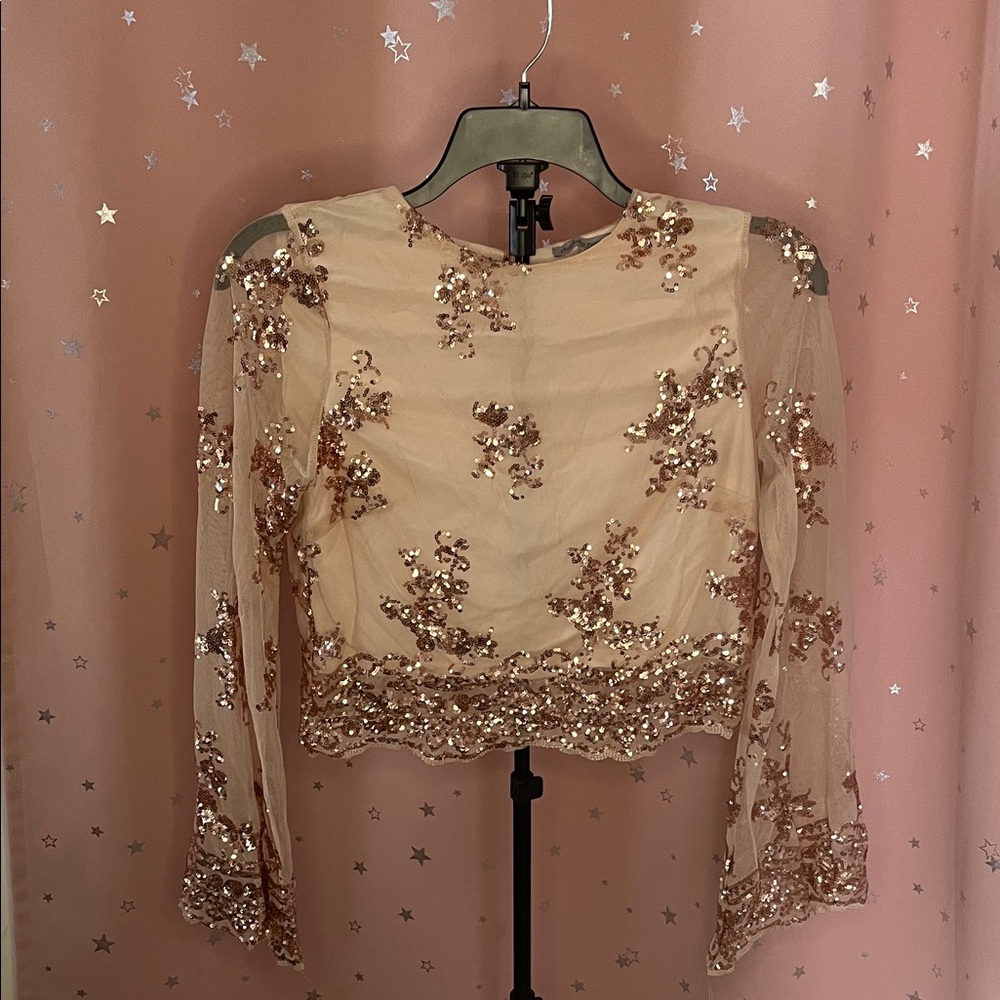 Charlotte Russe Sequin Blouse in Cream and Gold